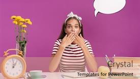  Presentation with thought - PPT layouts featuring image of young shocked girl sitting at desk and studying with thought bubble above her head isolated over violet background background and a coral colored foreground