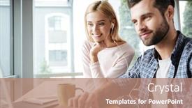  Presentation with coworking - PPT theme having image of young smiling two colleagues in office coworking while using laptop computer looking aside background and a coral colored foreground