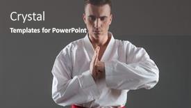  Presentation with hands down - Theme enhanced with image of young sportsman dressed in kimono gesturing with hands over grey background looking down background and a dark gray colored foreground