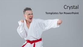  Presentation with kimono - Cool new theme with image of young sportsman in kimono practicing at karate while posing over grey background and screaming looking aside backdrop and a light gray colored foreground