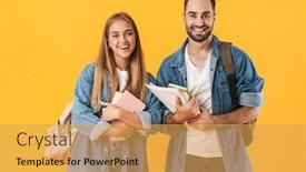  Presentation with denim - Beautiful presentation theme featuring image of young students in denim clothes smiling while holding exercise books isolated over yellow background backdrop and a yellow colored foreground