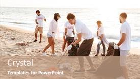  Presentation with plastic bags - PPT layouts enhanced with image of young voluntary workers cleaning beach from plastic with trash bags at seashore background and a coral colored foreground