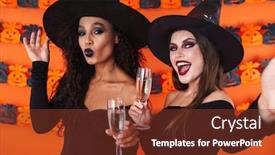  Presentation with black women - PPT theme featuring image of young witch women in black halloween costume smiling and holding champagne glasses isolated over orange pumpkin wall background and a tawny brown colored foreground