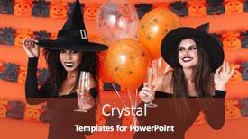  Presentation with black women - Amazing slide set having image of young witch women in black halloween costume drinking champagne isolated over orange pumpkin wall backdrop and a tawny brown colored foreground