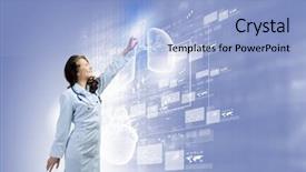  Presentation with media image - Cool new theme with image of young woman doctor touching icon of media screen backdrop and a light blue colored foreground