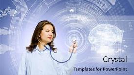  Presentation with media image - PPT theme with image of young woman doctor touching icon of media screen background and a light blue colored foreground