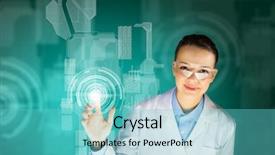  Presentation with media image - PPT layouts having image of young woman scientist touching icon of media screen background and a seafoam green colored foreground
