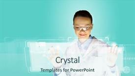  Presentation with politics media - Presentation theme featuring image of young woman scientist touching icon of media screen background and a cool aqua colored foreground