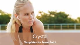  Presentation with workout - Slide set enhanced with image of young woman wearing tracksuit and earpods leaning on knees during workout outdoors background and a coral colored foreground