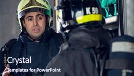  Presentation with fire truck - Audience pleasing PPT theme consisting of image side of fireman men backdrop and a navy blue colored foreground