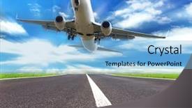  Presentation with runway - PPT theme consisting of image white passenger plane blue sky clouds - airplane landing on runway background and a light blue colored foreground