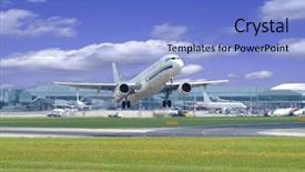  Presentation with runway - Slide deck featuring image white passenger plane blue sky clouds - airplane taking off from runway background and a light blue colored foreground