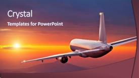  Presentation with jet airplane - Presentation design enhanced with image white passenger plane blue sky clouds - commercial jet airplane flying above background and a violet colored foreground