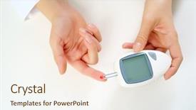  Presentation with glucometer - Presentation design featuring woman's hand with glucometer background and a sky blue colored foreground