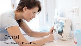  Presentation with panoramic - Colorful presentation design enhanced with images medication - female dentist looking at dental backdrop and a coral colored foreground