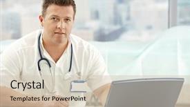  Presentation with office images - Colorful slide deck enhanced with images medication - mid-adult medical doctor sitting backdrop and a  colored foreground