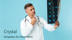  Presentation with medical - Slide deck having images medication - portrait of medical specialist background and a light blue colored foreground