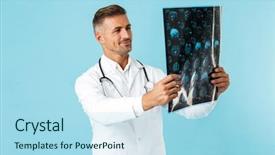  Presentation with middle ages portrait - Theme having images medication - portrait of middle-aged medical doctor background and a  colored foreground