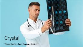 Presentation with medical - PPT theme enhanced with images medication - portrait of serious medical doctor background and a light blue colored foreground