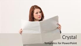  Presentation with reading - PPT theme enhanced with images newspaper - woman sitting on the chair background and a soft green colored foreground