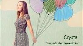  Presentation with imagination - Presentation design featuring imagination young woman is standing with drawn balloons background and a soft green colored foreground