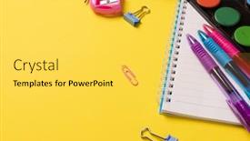  Presentation with education supplies - PPT theme with imagine-of-various-office-supplies background and a yellow colored foreground