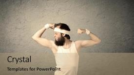  Presentation with elegant man in glasses optics - PPT theme featuring imagining he has big muscle background and a  colored foreground