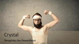  Presentation with elegant man in glasses optics - Audience pleasing PPT layouts consisting of imagining he has big muscle backdrop and a  colored foreground