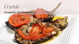  Presentation with eggplant - Cool new presentation theme with imam balidi or imam melitzanes a delicious greek or turkish vegetarian dish of eggplant aubergine stuffed with onion garlic parsley and tomato and baked in virgin olive oil backdrop and a lemonade colored foreground