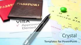  Presentation with map - Audience pleasing PPT theme consisting of immigrant employment - passports and pen on map backdrop and a cool aqua colored foreground