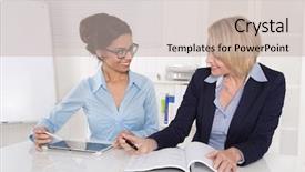  Presentation with working together - Amazing presentation theme having immigrant workers - two businesswomen working together backdrop and a soft green colored foreground