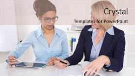  Presentation with meeting - Presentation design with immigrant workers - two female adviser sitting background and a coral colored foreground