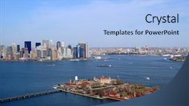  Presentation with immigrants - Audience pleasing presentation theme consisting of immigrants to the united state backdrop and a light blue colored foreground