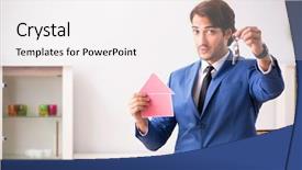  Presentation with realtor - Beautiful PPT layouts featuring postage - young handsome realtor selling flat backdrop and a white colored foreground