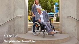  Presentation with elderly - Colorful presentation design enhanced with immobility - elderly woman in wheelchair looking backdrop and a gray colored foreground