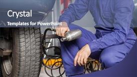  Presentation with mechanic - Presentation theme enhanced with impact - mechanic holding pneumatic wrench background and a ocean colored foreground
