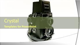  Presentation with old fashioned photo album - Colorful slides enhanced with impact films - old photo camera isolated backdrop and a tawny brown colored foreground