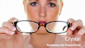  Presentation with refractive error - Colorful PPT theme enhanced with impaired - woman holding glasses in hand backdrop and a coral colored foreground