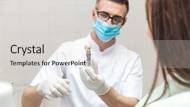  Presentation with dentist - PPT theme with implant - dentist explaining teeth model background and a light gray colored foreground