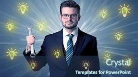  Presentation with idea - Theme consisting of implement - better-looking businesman holding tool background and a ocean colored foreground