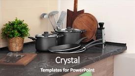  Presentation with cooking utensils - Presentation design featuring implement - different cooking utensils on table background and a gray colored foreground