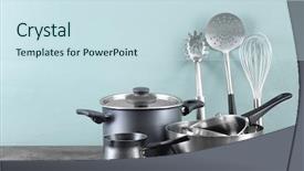 Presentation with cooking utensils - PPT theme consisting of implement - metal cooking utensils on table background and a sky blue colored foreground