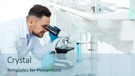  Presentation with research study - Beautiful slides featuring importance study - portrait of smiling scientist using backdrop and a  colored foreground