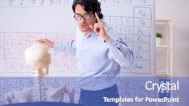  Presentation with chemist - Beautiful slide set featuring importance study - young male chemist teacher backdrop and a teal colored foreground