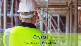 Presentation with building construction - Theme featuring important - rear view of male builder background and a yellow colored foreground
