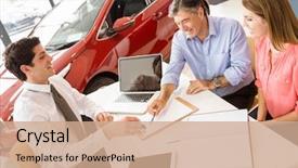  Presentation with customers - Slide deck with important documents at new car background and a coral colored foreground