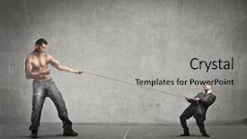  Presentation with war - PPT layouts enhanced with impossible - tiny businessman and giant muscular background and a light gray colored foreground