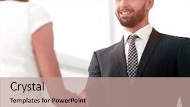  Presentation with team hands - Slide deck consisting of impression management - attractive business man and woman background and a  colored foreground