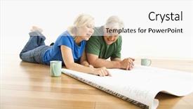  Presentation with aged - Audience pleasing PPT theme consisting of improvement plan - middle-aged couple lying on floor backdrop and a  colored foreground