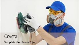  Presentation with home improvement - Presentation theme having respirator - home improvement worker in protective background and a light gray colored foreground